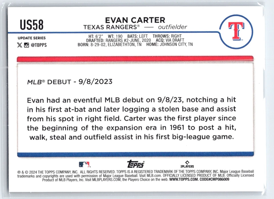 Evan Carter Debut Rookie RC 2024 Topps Update Series Card #US58 Texas Rangers - Image 2 of 2
