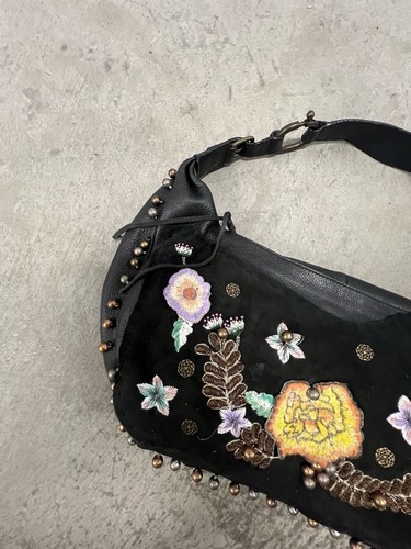 Francesco Biasia schwarz Leder Wildleder handbemalt Blumen Schulter Handtasche - Bild 15 von 16