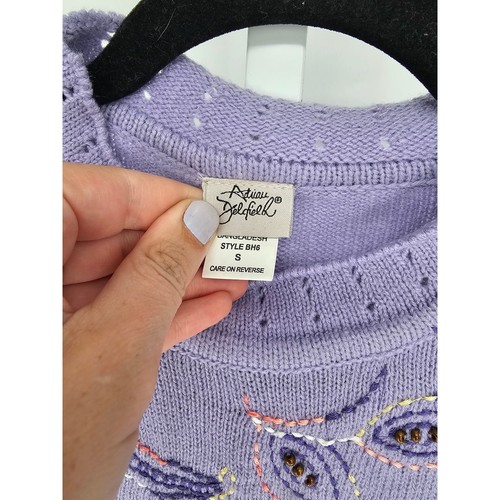Adrian Delfield Women's Purple Rhinestone Long Sleeve Crew Neck Sweater Size S - Picture 3 of 5