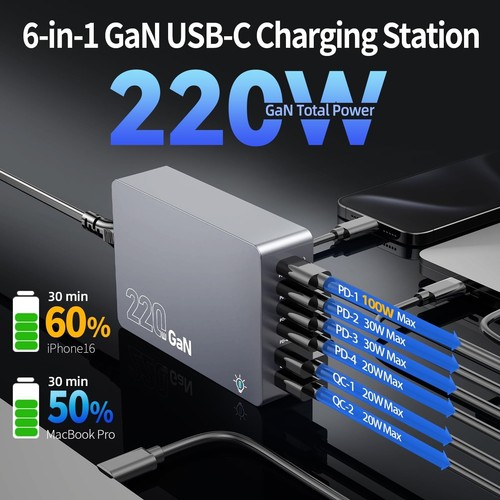 220W USB C Charger Block, 6-Port GaN USB C Charging Station PD 100W PC Laptop... - Picture 2 of 7