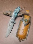 Damascus Pattern Folding Pocket Knife Abalone Handle Leather Sheath Camping EDC — photo 1
