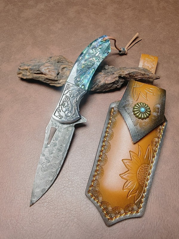 Damascus Pattern Folding Pocket Knife Abalone Handle Leather Sheath Camping EDC