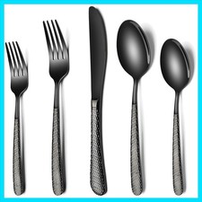 Black Hammered Silverware Set, 20-Piece Stainless Steel Heavy Duty Flatware S...
