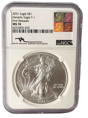 2021 American Silver Eagle - NGC MS70 John M. Mercanti Signed Heraldic Eagle T-1