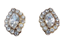 Vintage Christian Dior Clip Oval Rhinestones Earrings Gold Tone 1-1/4  Nice 
