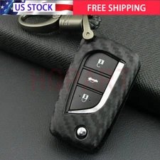 For Toyota CHR Corolla Cross Flip Car Key Fob Case Cover Chain Ring Carbon Fiber