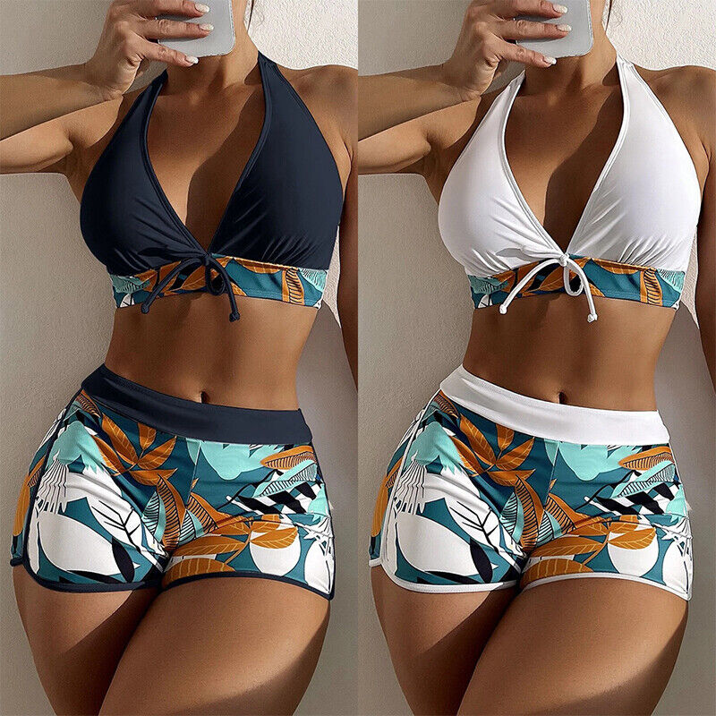 High Waist Bikini Two Piece Swimsuit Floral Padded Bra Crop Tops Shorts  Swimwear | eBay