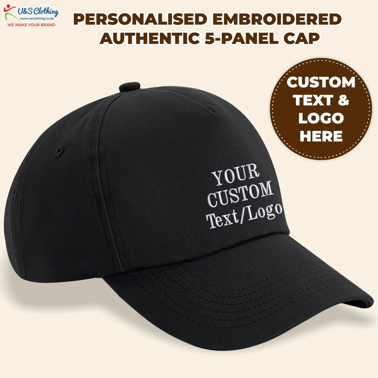 Personalised Beechfield Authentic 5-Panel Cap Embroidered Your Text Baseball Hat