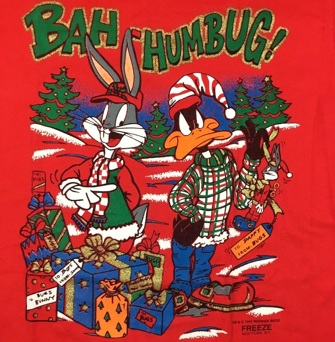 Vtg 90s Bugs Bunny Daffy Duck Christmas T-Shirt Bah Humbug Funny