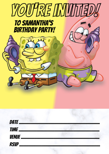 Personalised SpongeBob Birthday Party Invitations Boys Girls 250 Gsm - Picture 12 of 13