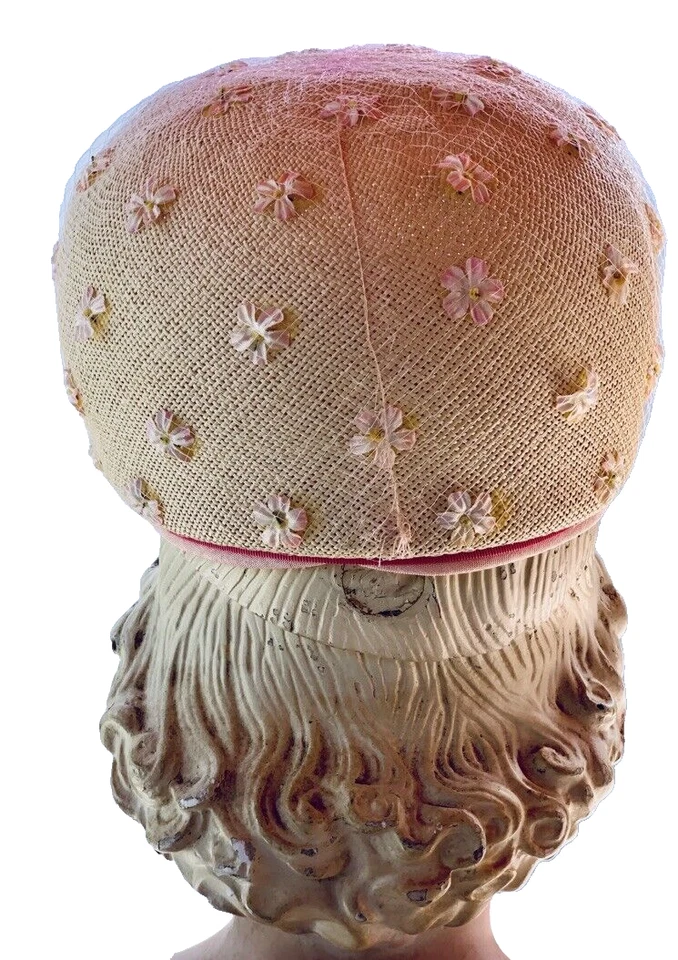 VTG 1950s Women's Bubble Straw Flowers Hat Linda Farrell Pink Trims Secretary - Image 3 of 4