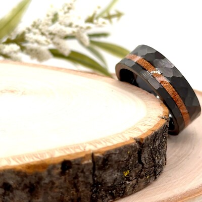 Modern 8mm Black Tungsten Band   Hammered Design Wood Inlay Holiday Ring