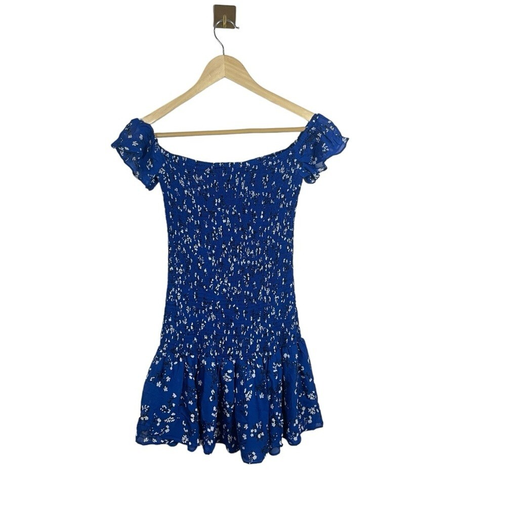 Zara Smocked Floral Bodycon Off the Shoulder Mini Dress in Blue/White Size S thumbnail 12