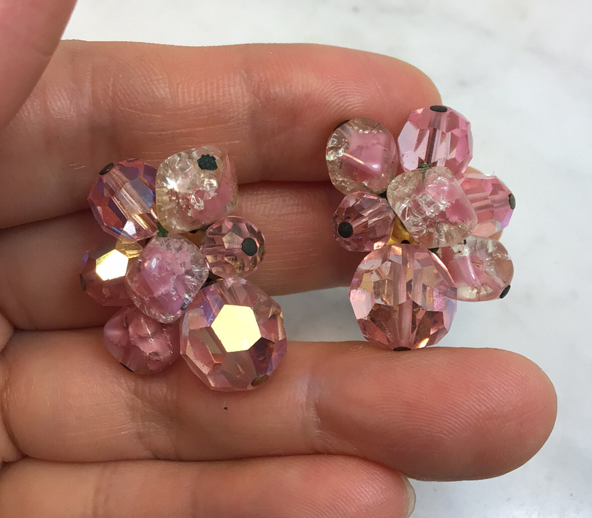Vintage HATTIE CARNEGIE Gold Tone Pink Crystal Glass Bead Clip On