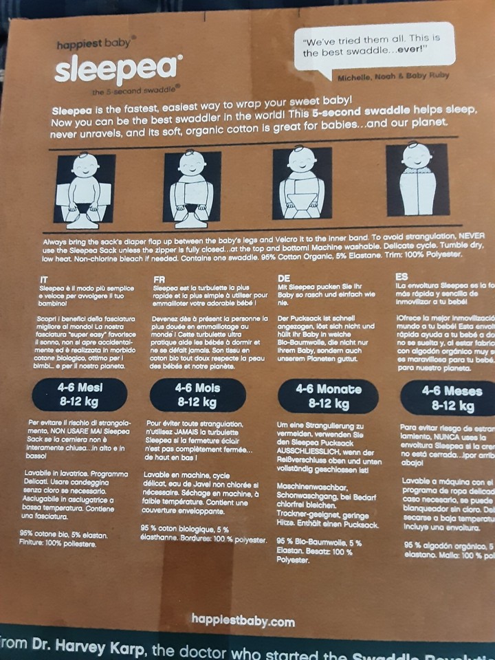 NEW UNOPENED Happiest Baby Sleepea 5 Second Swaddle Size L 46 Months