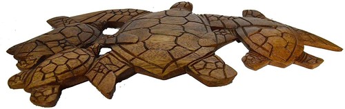 MEERESSCHILDKRÖTE Familie Holz handgeschnitzt Ozean Sand Insel tropische Wandkunst Plakette - Bild 2 von 2