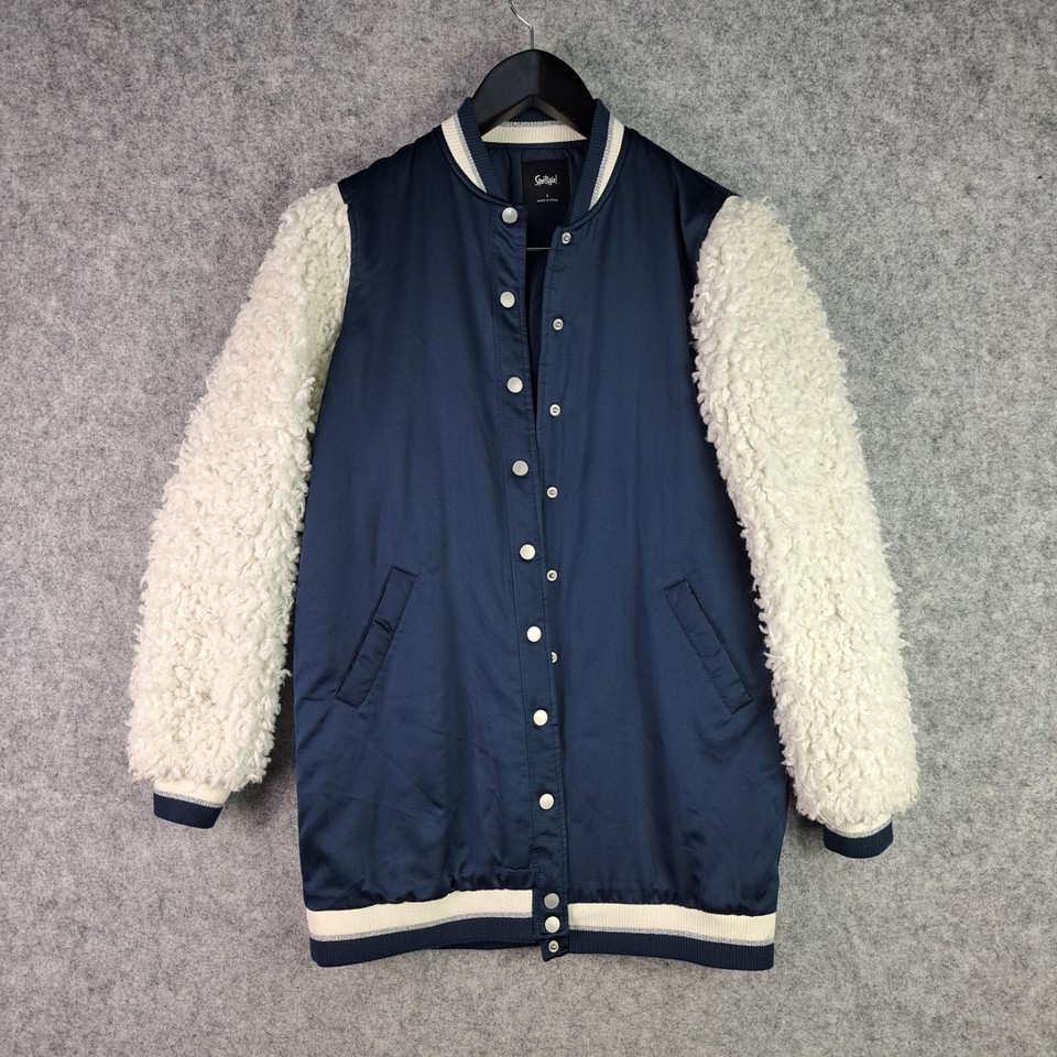 Sportsgirl Jacket Womens 8 Blue White Button Bomber Back Embroidery 7120