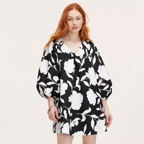 kate spade x Target Black + Cream Mini Dress Medium Poplin Long Sleeve Pockets - Picture 4 of 5