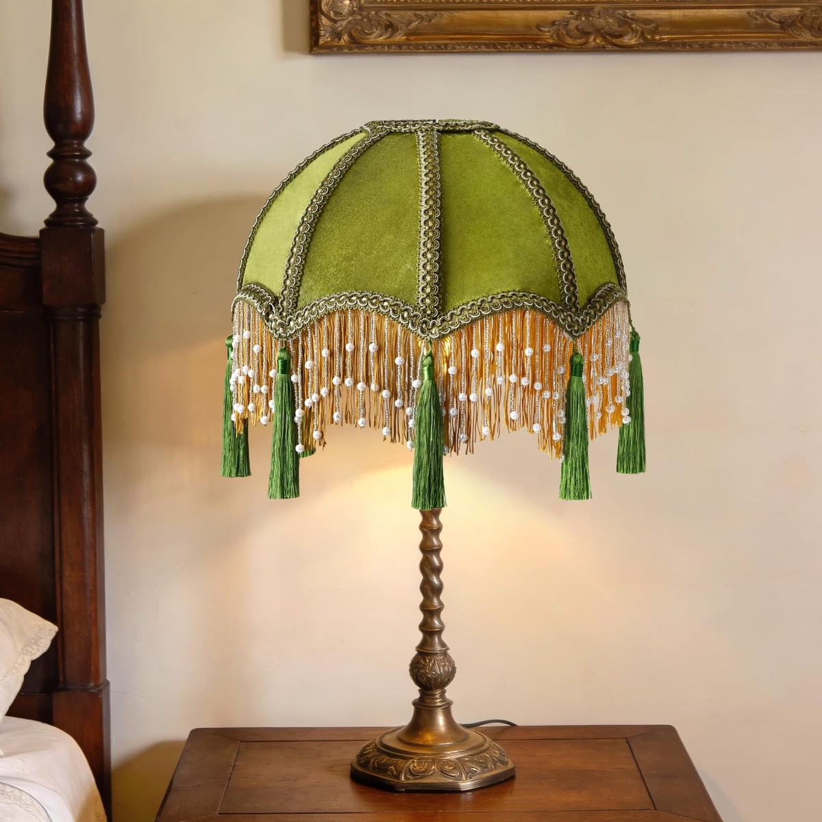 11 Inch vintage Lampshade With Olive Green Velvet Tassel