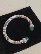 David Yurman 3 Row Pave Diamond 925 Cable Bracelet Cabochon Cut Green Onyx