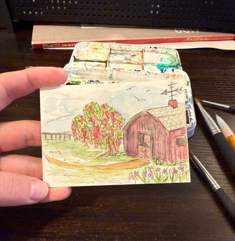 ACEO original, Little Red Barn, watercolor Landscape painting, Insightfulfish