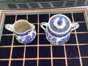 Antique Ridgway & Co Blue Willow Semi China Creamer And Sugar Bowl Set