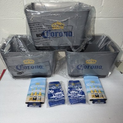 Set Of 3 Corona Buckets 8.5in x 10.5in Buckets w Handles & 4 Corona Koozies