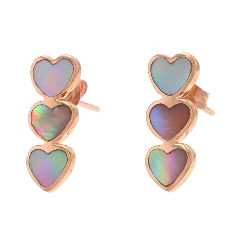 Pendientes colgantes trío corazón madreperla oro rosa viaje tres piedras -14k amor Foto 3 de 4