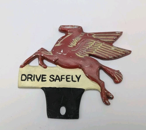 Vintage Mobil Pegasus Antique Gas Oil License Plate Topper Sign