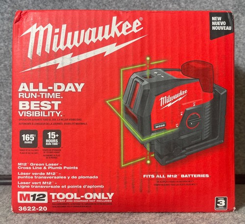 New Milwaukee 3622-20 M12 Green Laser - Cross Line & Plumb Points Tool Only