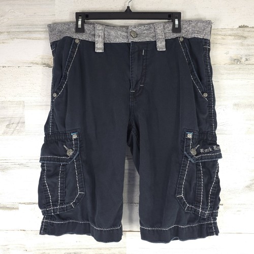 ROCK REVIVAL "BLACK ICE BLUE STITCH" LEATHER INSERT TWILL CARGO SHORTS SIZE 34 - Picture 3 of 24