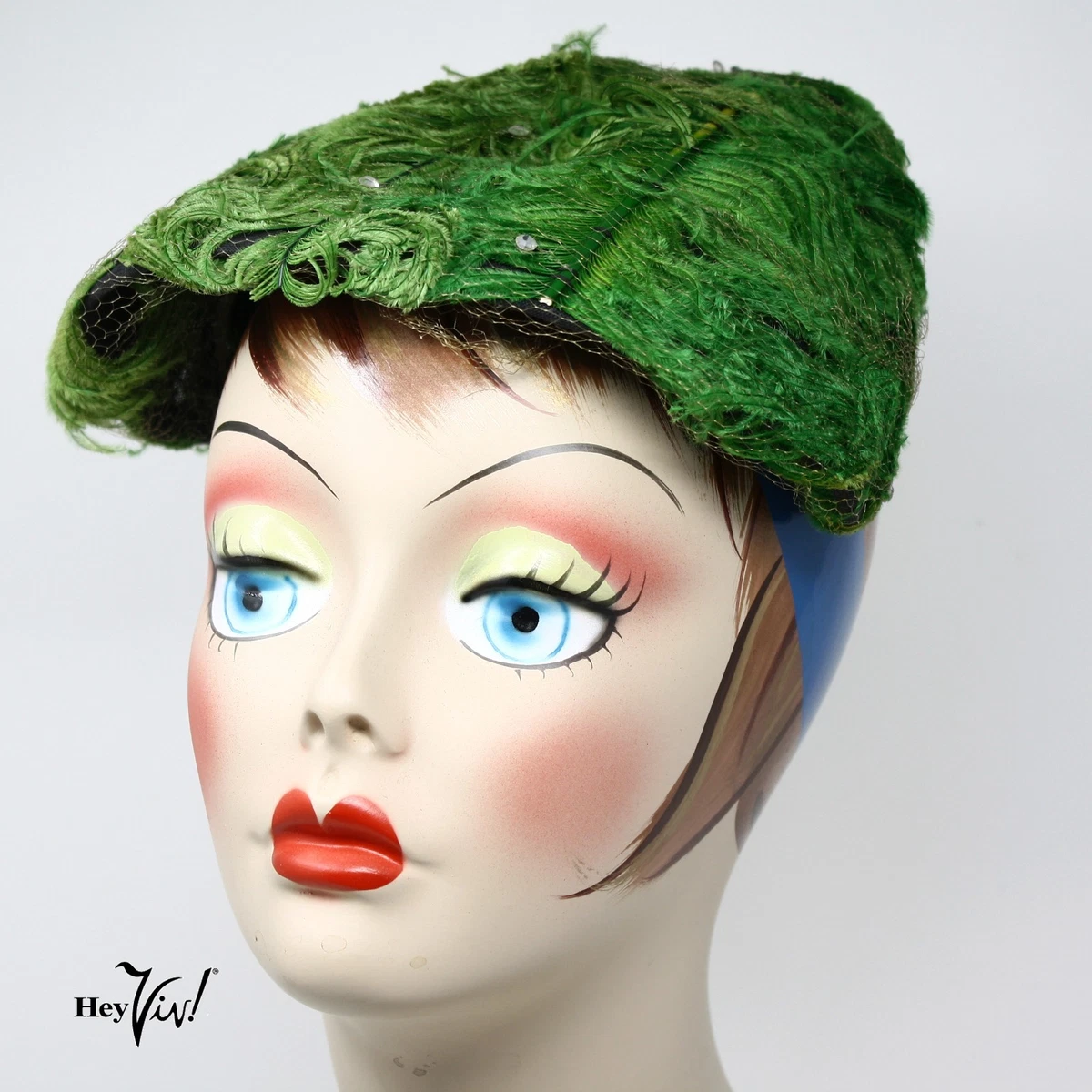 MCM 1950\'s Fascinator Hat Headpiece Green Veiled Satin Jacquard MAY D&F Green Felt Pillbox Hat, Peacock Feather Fascinator, Ascot  main image 4