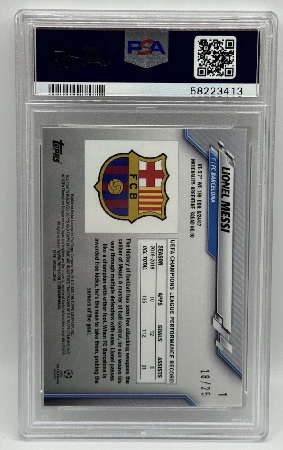 Lionel Messi 2019-20 Topps Chrome Sapphire UCL FC Barcelona Purple /25 PSA 10  view 4