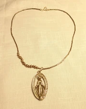 Large Miraculous Mary Medal Necklace Vintage Asymetrical