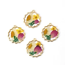 4PCS Gold Tone Dry Pressed Flower Resin Flower Edge Round Charm Pendant GYX2114