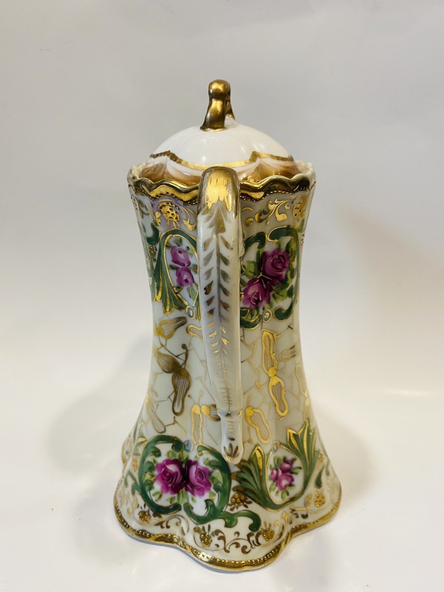 Antique Nippon Chocolate Pot Roses Gold Moriage Hand Painted