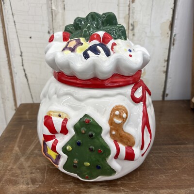 Vintage Christmas Cookie Jar W/ Lid Hand Painted Tree Candy Cane Ginger Bread