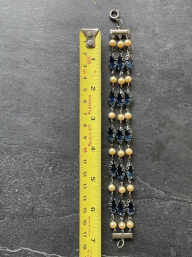 Vintage Czech Era Cobalt Blue Glass Bead Flapper Bracelet 3 Strand Quality 7" - Picture 7 of 14