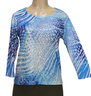 Impulse California Women's Top Stretch  3/4 Sleeve Sequin Blue Petite Size PS