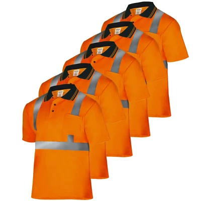 JORESTECH® 5 Pack Hi-Vis Orange Safety Workwear Short Sleeve Polo Shirt Top Reflective Tape