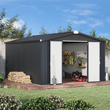 AECOJOY 10' x 14' Outdoor Large Metal Storage Shed w/ Lockable Doors for Garden