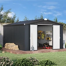 AECOJOY 10' x 14' Outdoor Large Metal Storage Shed w/ Lockable Doors for Garden