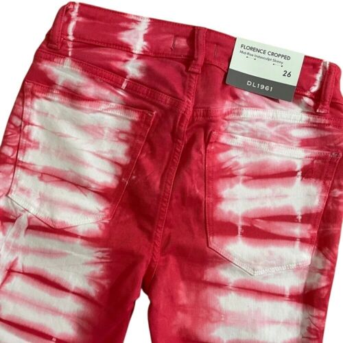 NWT DL1961 Florence Cropped Jean Women's 26 Mid-Rise Tie Dye Red White - Picture 3 of 8