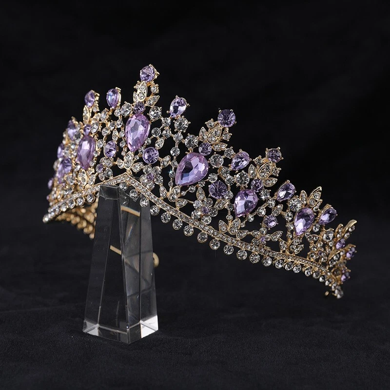 Gold Crown Vintage Headband, Purple Crystal Rhinestone Hair Jewelry - Image 2 of 4