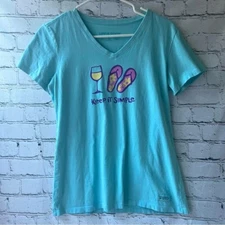 Life is Good Summer Fun Light Blue V Neck Tee Size Small