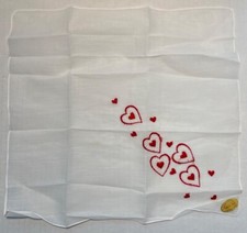 Vintage Swiss Cotton Handkerchief Embroidered Red Hearts Scalloped Edge