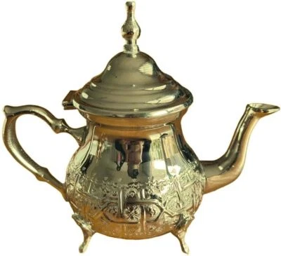 Théière Marocaine en Laiton Maillechort Doré 350 ml – Gravée Main, Design Fès - Photo 1/3