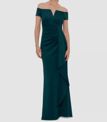 Xscape Women's Green Ruffled Split Neck Off-Shoulder Gown Dress Petite Size 12P