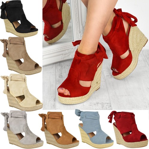 Zapatos de fiesta Mujer señoras de la Alta Cuña Alpargata Tie Up Sandalias  De Plataforma de verano | eBay