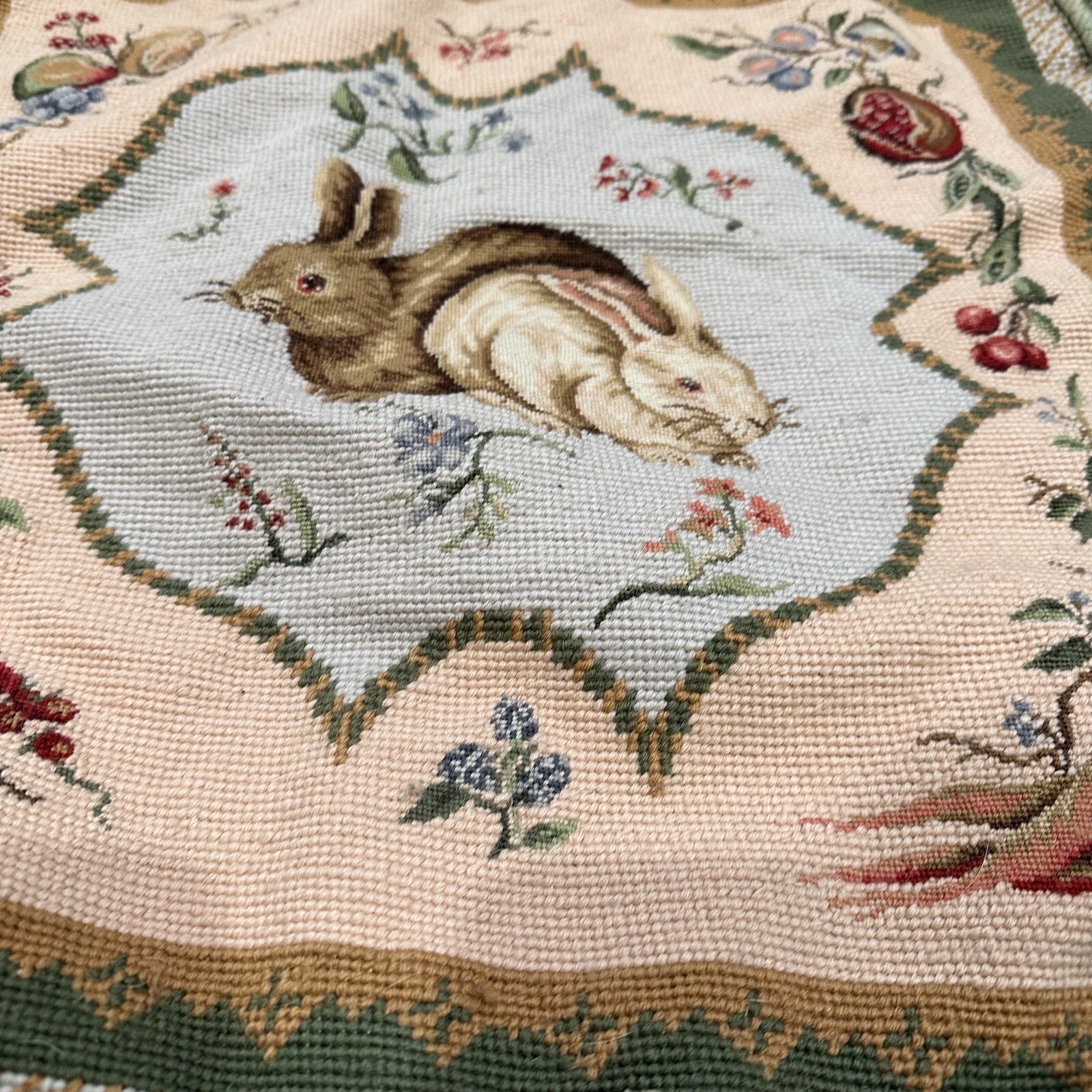 VTG Embroidered Needlepoint Rabbit Tapestry Green Velvet Tassel Pillow
